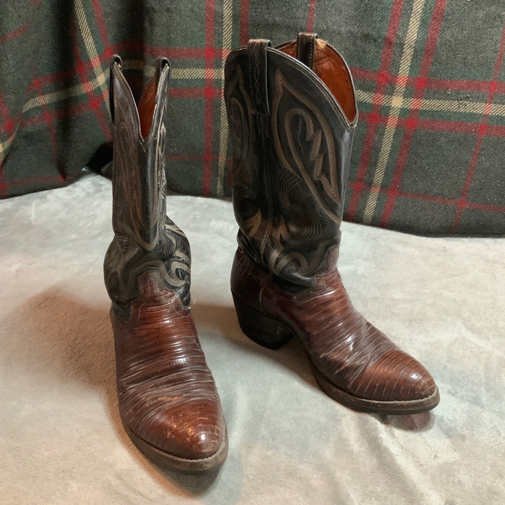 El Dorado Mens Lizard Skin Western Boots 8.5 Brown Exotic Leather Made in USA